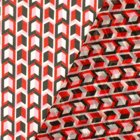1 Yard Red Black Multi Arrow Print Stretch Polyester Mesh Knit Fabric For Overlays And Dancewear 61 Inches Width