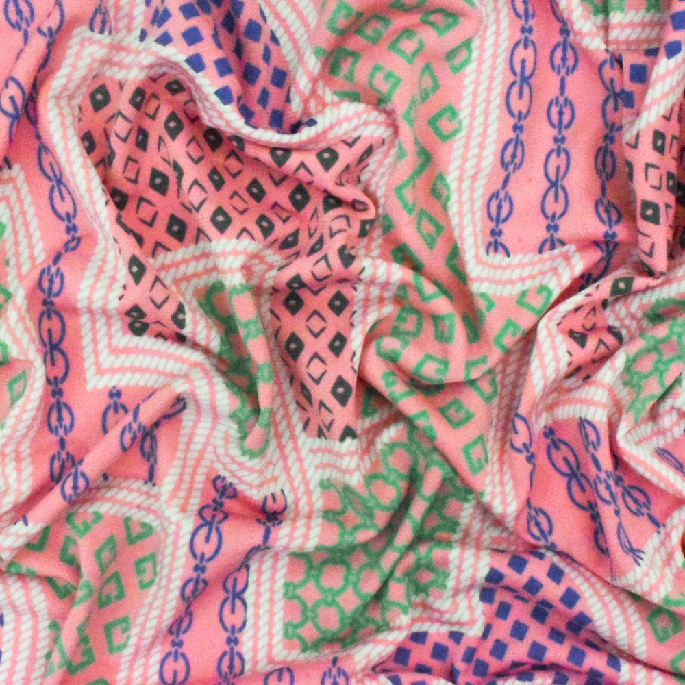 1 Yard Boho Pink White Multi Frame Print Stretch Polyester ITY Knit Fabric For Blouses And Dancewear 62 Inches Width