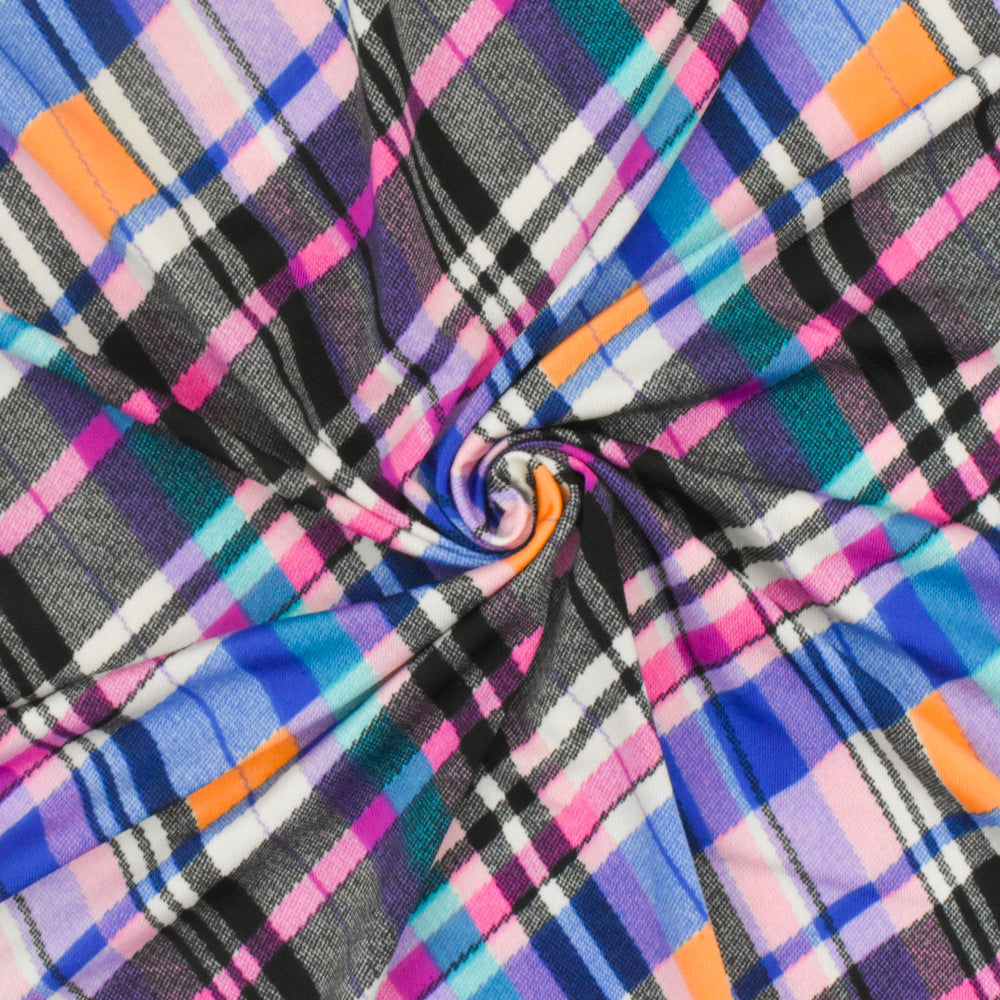 1 Yard Black Purple Multi Plaid Print Stretch Polyspan Jersey Knit Fabric For Blouses And Activewear 60 Inches Width