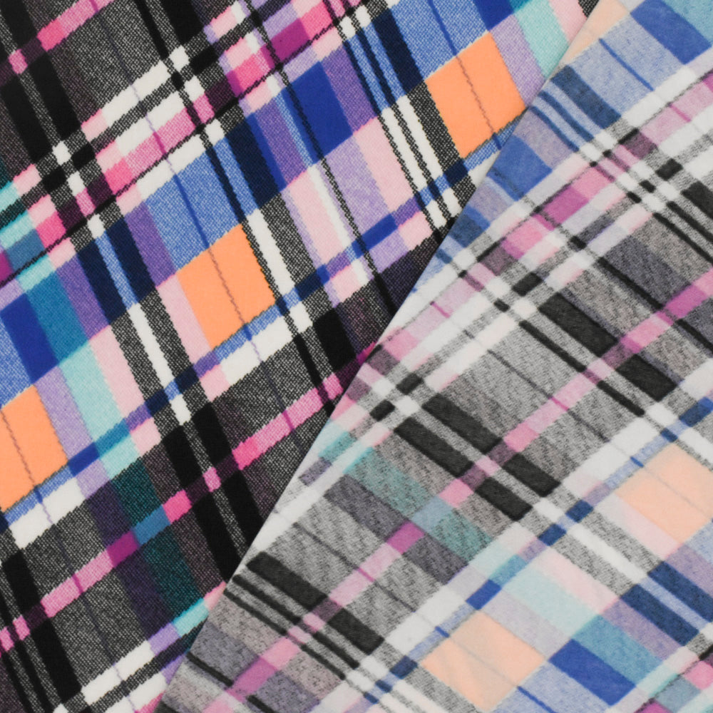1 Yard Black Purple Multi Plaid Print Stretch Polyspan Jersey Knit Fabric For Blouses And Activewear 60 Inches Width