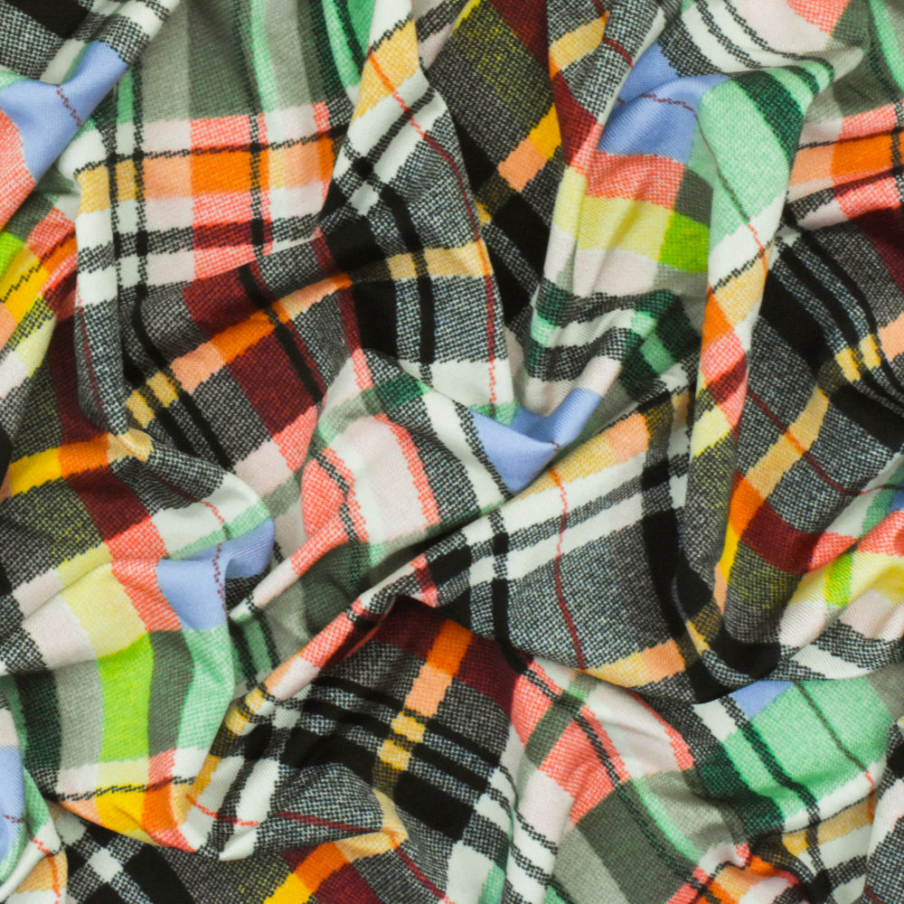 1 Yard Black Green Multi Plaid Print Stretch Polyspan Jersey Knit Fabric For Blouses And Activewear 61 Inches Width