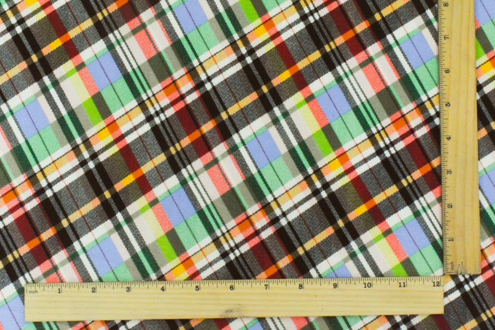 1 Yard Black Green Multi Plaid Print Stretch Polyspan Jersey Knit Fabric For Blouses And Activewear 61 Inches Width