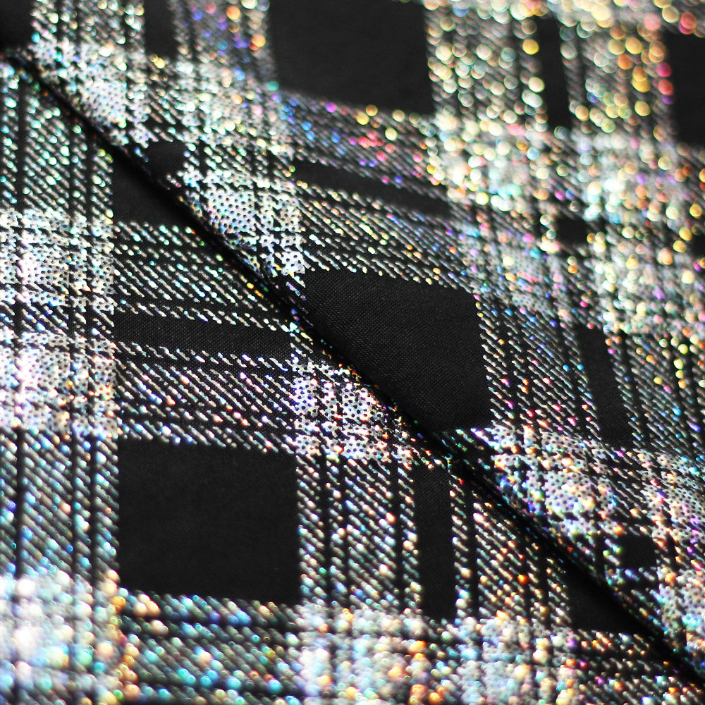 Starlight Plaid Polyester Spandex Fabric - Holographic Plaid, Turquoise, Black With Silver, Black With Gold, Black, 58/60" Width (1 Yard)