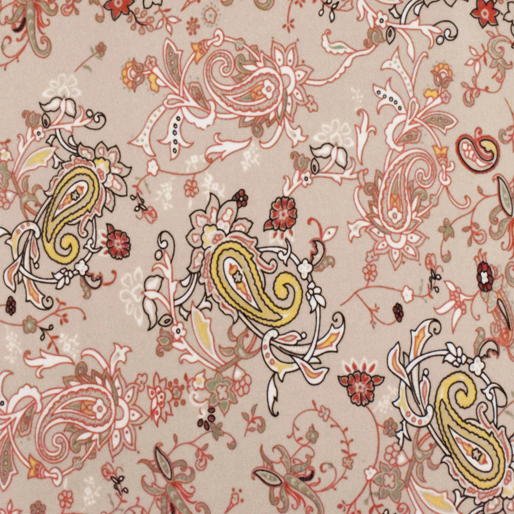 1 Yard Sugar Beige, Orange & Multi Paisley Printed Stretch Polyester ITY Knit Fabric, 58 Inches Wide