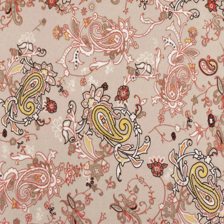 1 Yard Sugar Beige, Orange & Multi Paisley Printed Stretch Polyester ITY Knit Fabric, 58 Inches Wide