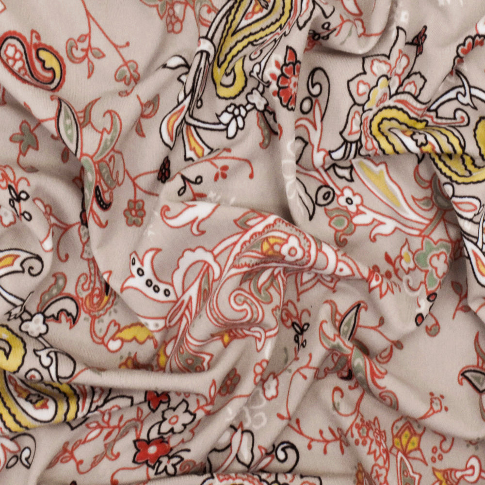 1 Yard Sugar Beige, Orange & Multi Paisley Printed Stretch Polyester ITY Knit Fabric, 58 Inches Wide