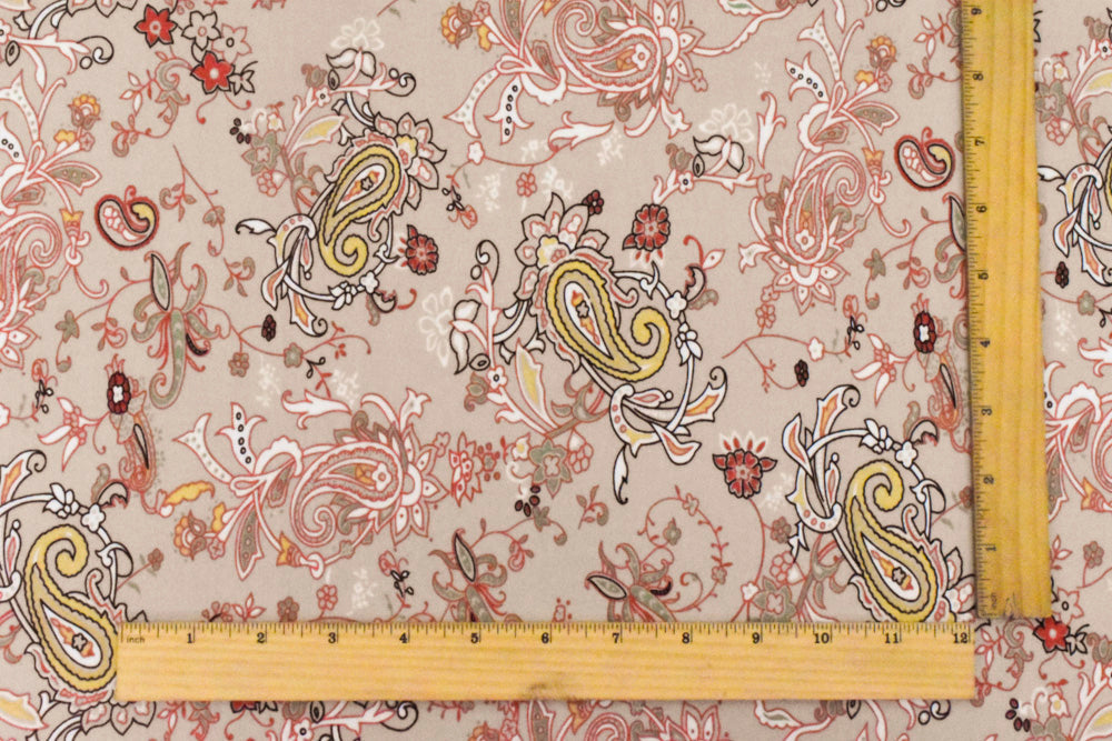 1 Yard Sugar Beige, Orange & Multi Paisley Printed Stretch Polyester ITY Knit Fabric, 58 Inches Wide