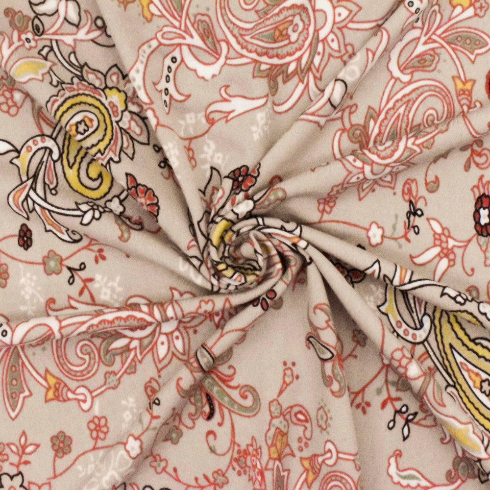 1 Yard Sugar Beige, Orange & Multi Paisley Printed Stretch Polyester ITY Knit Fabric, 58 Inches Wide