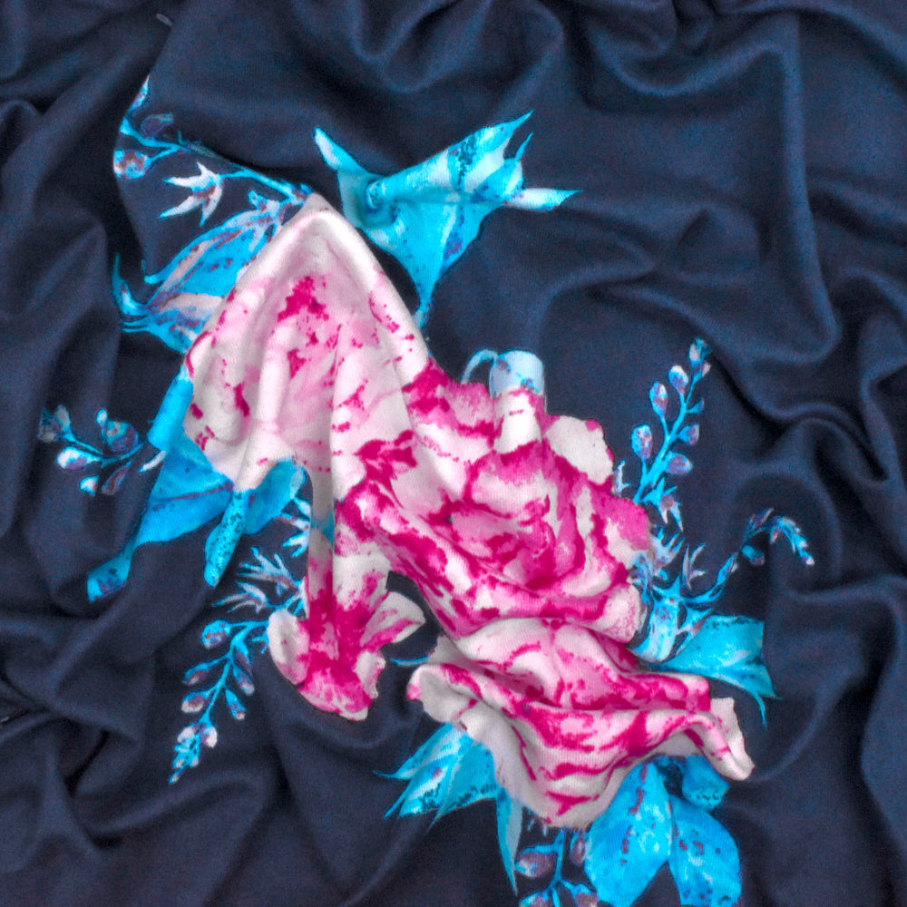1 Yard Blue, Pink & Multi Floral Printed Double Brushed DTY Knit Fabric 60 Inches Wide