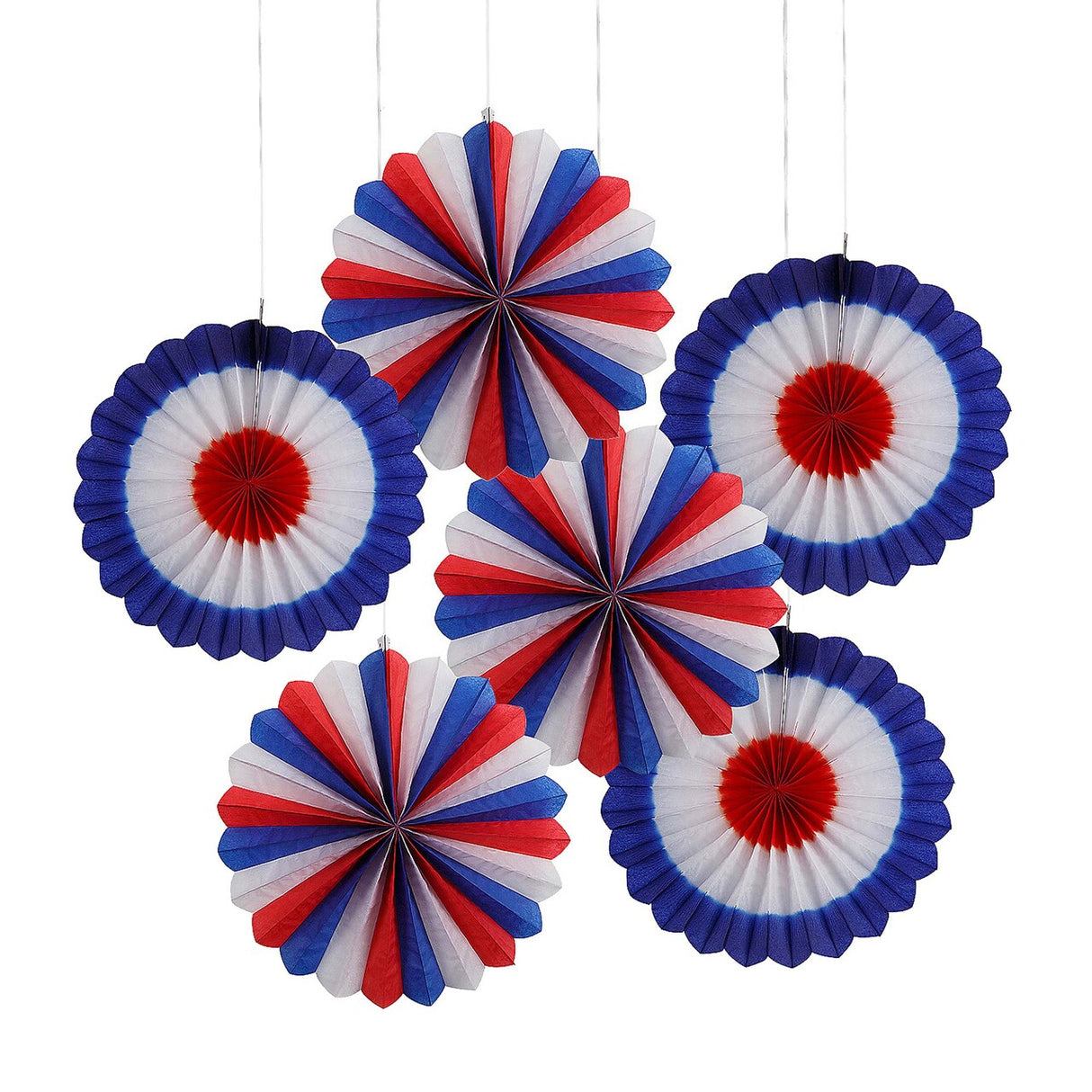 16" Patriotic Red, White & Blue Hanging Paper Fans 6 Pieces