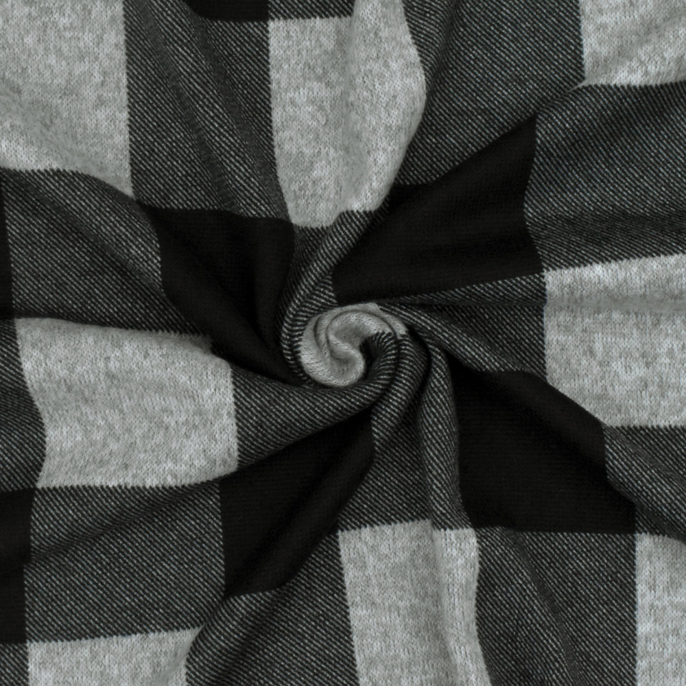 1 Yard Jet Black Gray Plaid Printed Stretch Polyester Brushed Jersey Knit Fabric 59 Inches Width