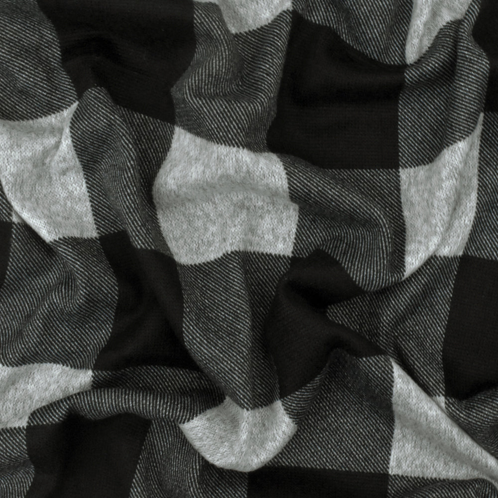 1 Yard Jet Black Gray Plaid Printed Stretch Polyester Brushed Jersey Knit Fabric 59 Inches Width