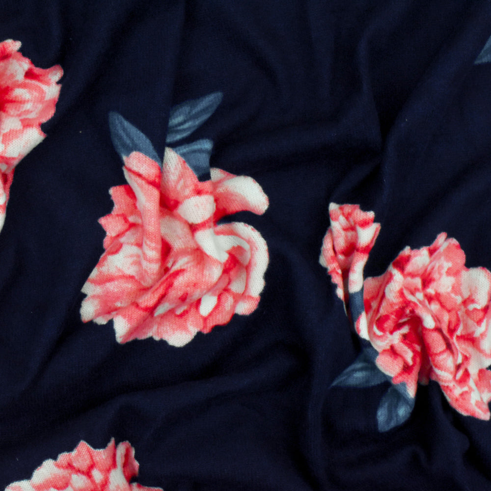 1 Yard Night Navy & Pink Multi Floral Printed Stretch Polyester Jersey Knit Fabric 62 Inches Width
