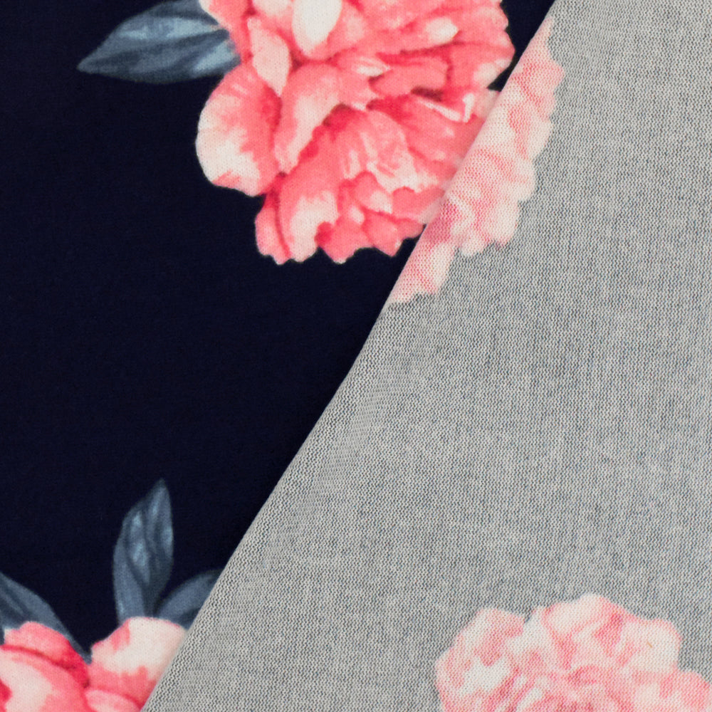 1 Yard Night Navy & Pink Multi Floral Printed Stretch Polyester Jersey Knit Fabric 62 Inches Width