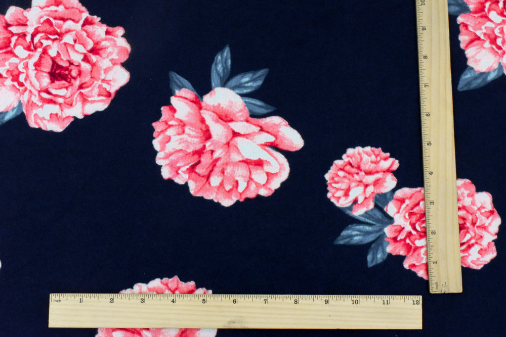 1 Yard Night Navy & Pink Multi Floral Printed Stretch Polyester Jersey Knit Fabric 62 Inches Width