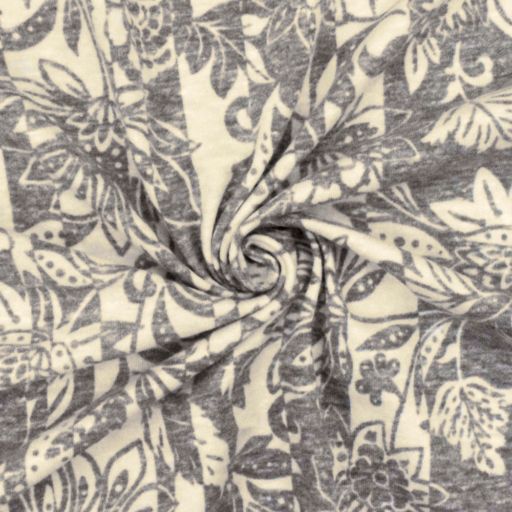 1 Yard Heather Gray & Beige Floral Stripe Printed Stretch Jersey Knit Fabric Soft, 58 Inches Width
