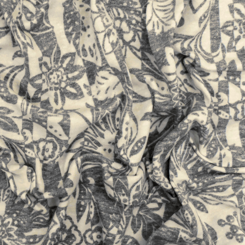 1 Yard Heather Gray & Beige Floral Stripe Printed Stretch Jersey Knit Fabric Soft, 58 Inches Width