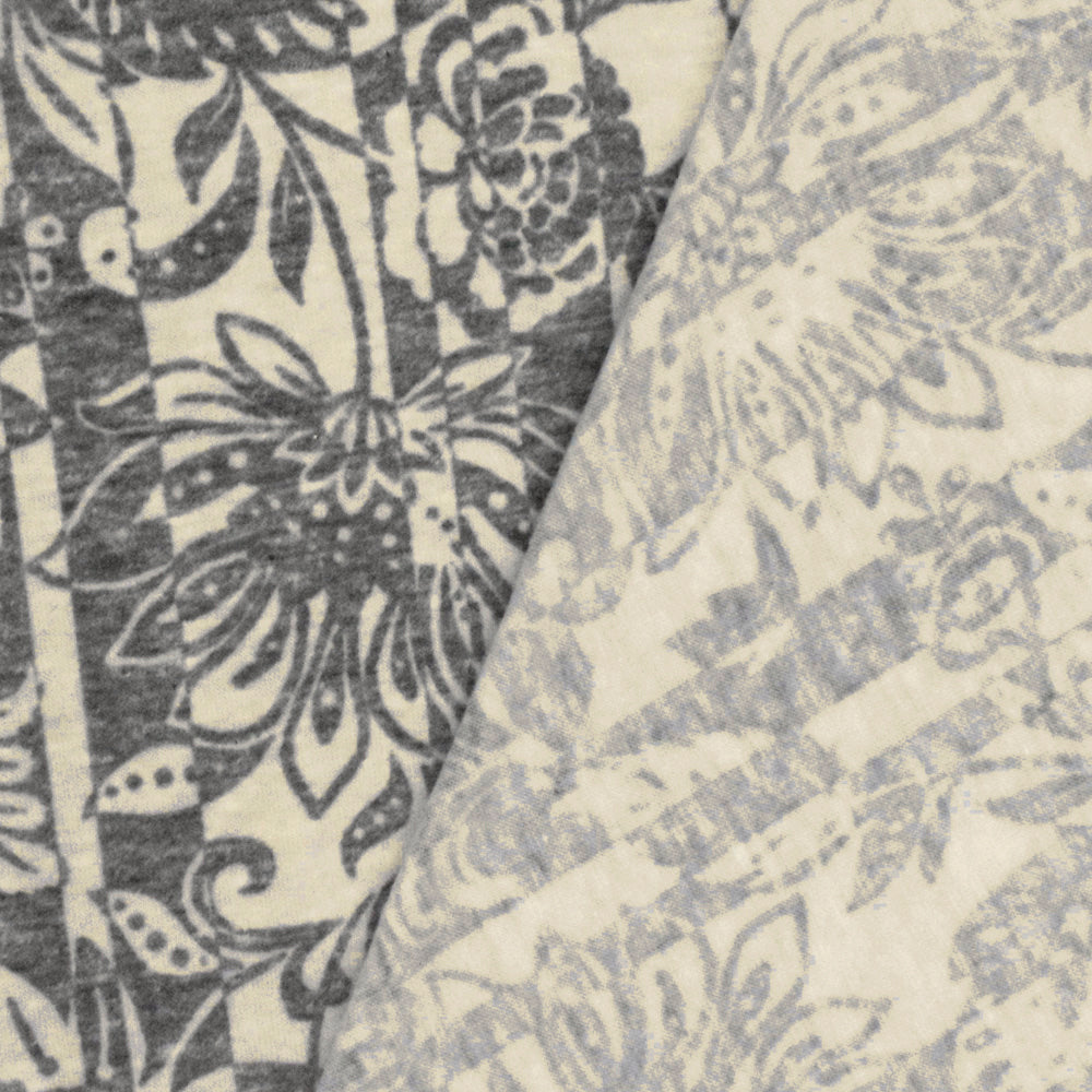 1 Yard Heather Gray & Beige Floral Stripe Printed Stretch Jersey Knit Fabric Soft, 58 Inches Width