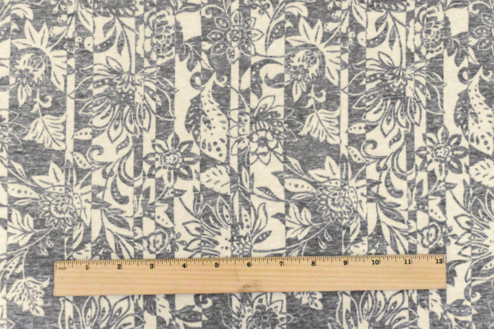 1 Yard Heather Gray & Beige Floral Stripe Printed Stretch Jersey Knit Fabric Soft, 58 Inches Width