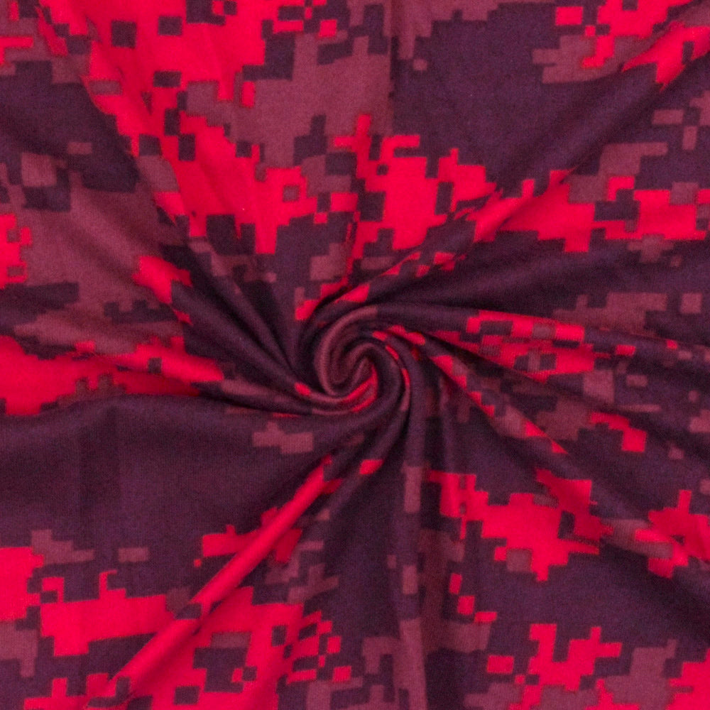 1 Yard Red Multi Pixel Camo Printed Double Brushed Stretch ITY Jersey Knit Fabric Soft Polyester Spandex, 64 Inches Width