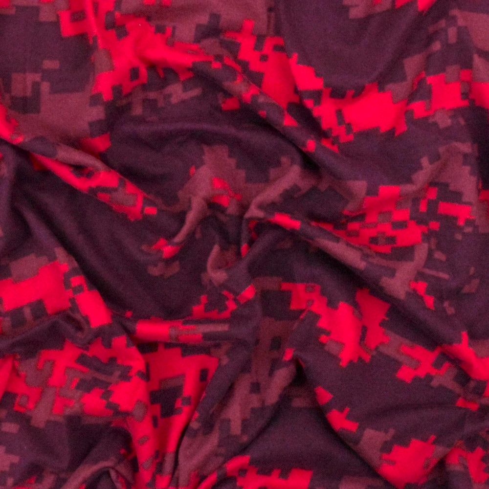 1 Yard Red Multi Pixel Camo Printed Double Brushed Stretch ITY Jersey Knit Fabric Soft Polyester Spandex, 64 Inches Width