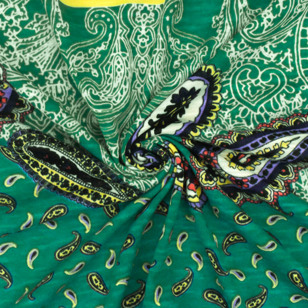 1 Yard Turquoise Multi Paisley Stripe Printed Stretch Poly Slub Jersey Knit Fabric 59 Inches Width