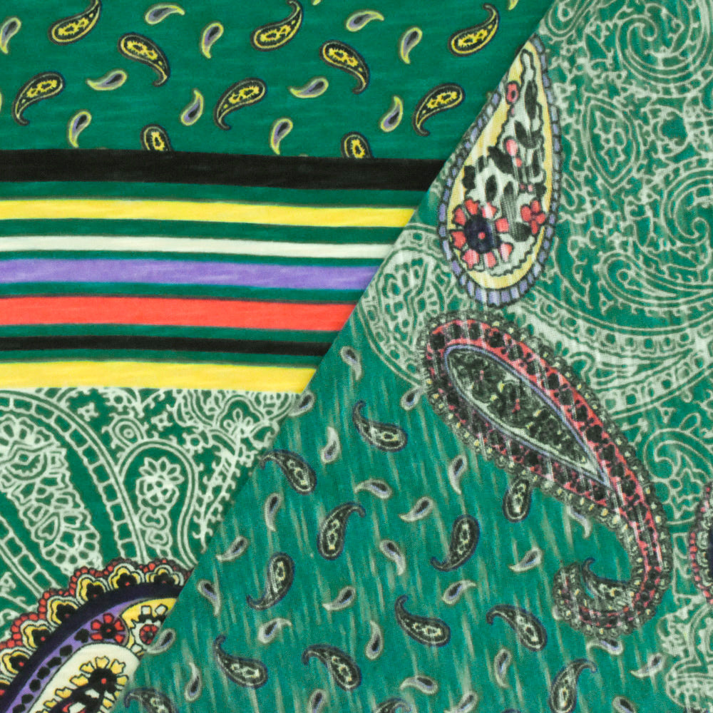 1 Yard Turquoise Multi Paisley Stripe Printed Stretch Poly Slub Jersey Knit Fabric 59 Inches Width