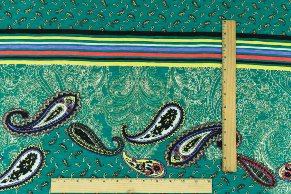 1 Yard Turquoise Multi Paisley Stripe Printed Stretch Poly Slub Jersey Knit Fabric 59 Inches Width