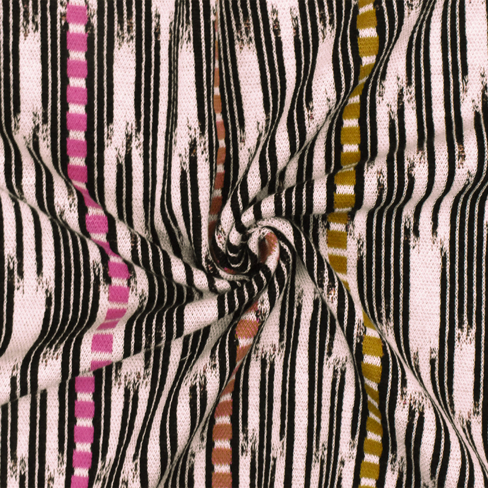 1 Yard Pink Ivory-Black-Multi Abstract Ikat Stripe Stretch Double Knit Fabric 53 Inches Wide