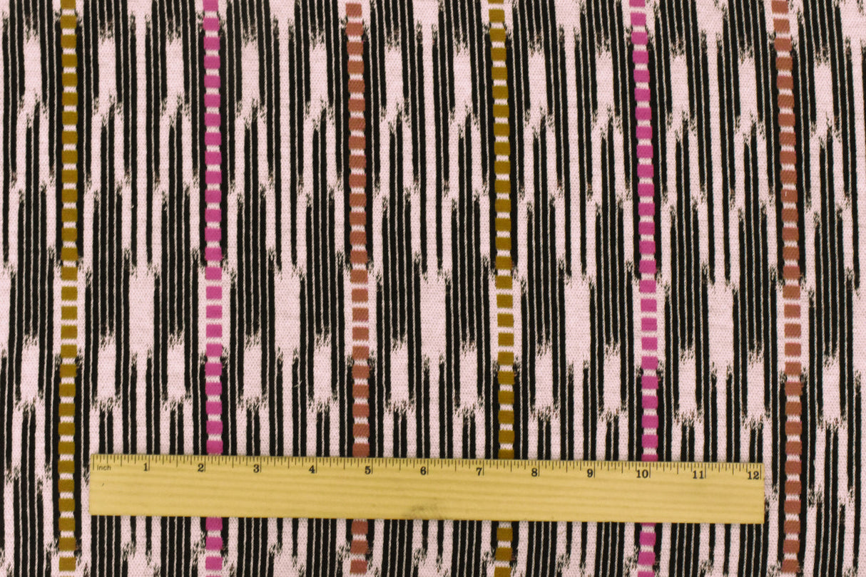 1 Yard Pink Ivory-Black-Multi Abstract Ikat Stripe Stretch Double Knit Fabric 53 Inches Wide