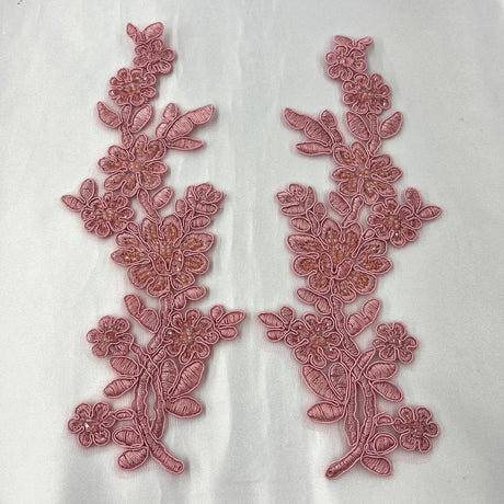 1 Pair Beaded & Corded Floral Lace Applique 10" x 2" Each Side
