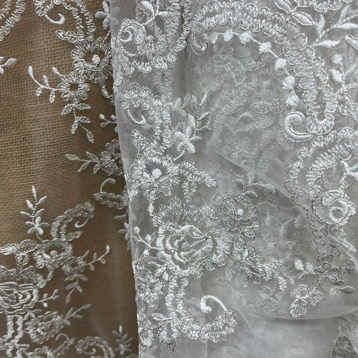 Embroidered Bridal Lace Ivory Silver