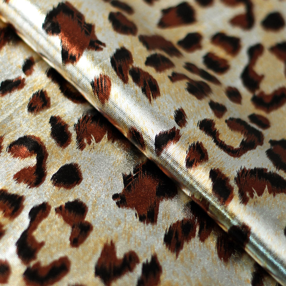 Cougar Shimmer Polyester Spandex Fabric - Gold/Black Leopard Print, 58/60" Width (1 Yard)