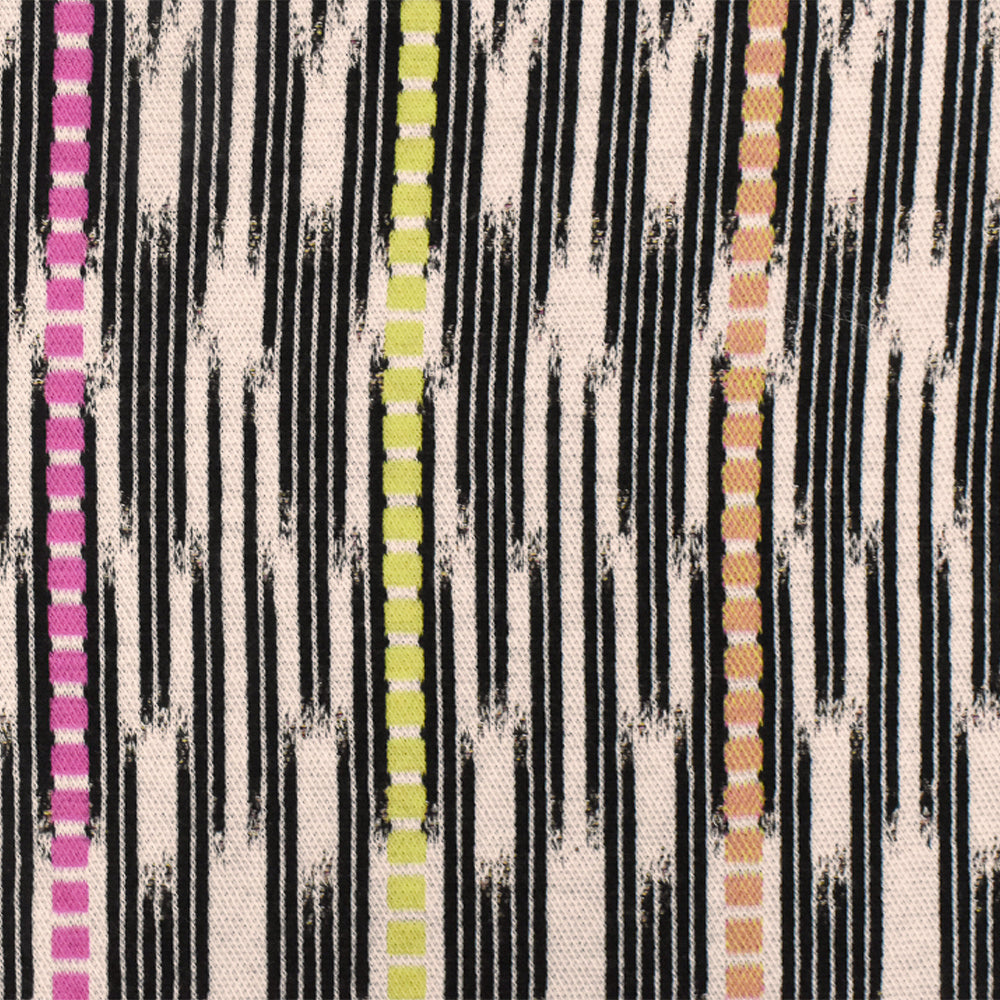 1 Yard Pink-Black-Multi Abstract Ikat Stripe Stretch Jacquard Double Knit Fabric 53 Inches Wide
