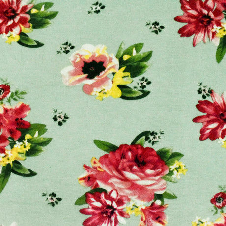 1 Yard Clean Teal-Red-Multi Floral Printed Stretch Rayon Jersey Knit Fabric 62 Inches Wide