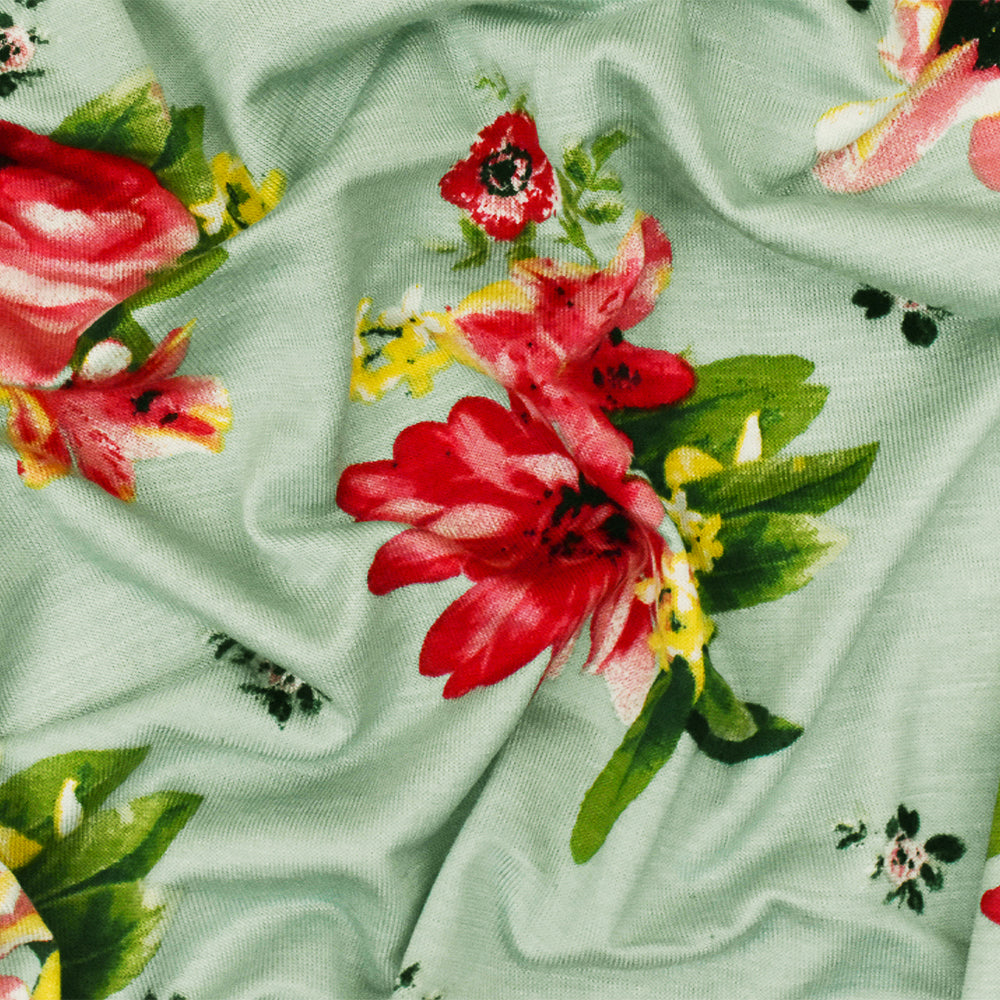 1 Yard Clean Teal-Red-Multi Floral Printed Stretch Rayon Jersey Knit Fabric 62 Inches Wide