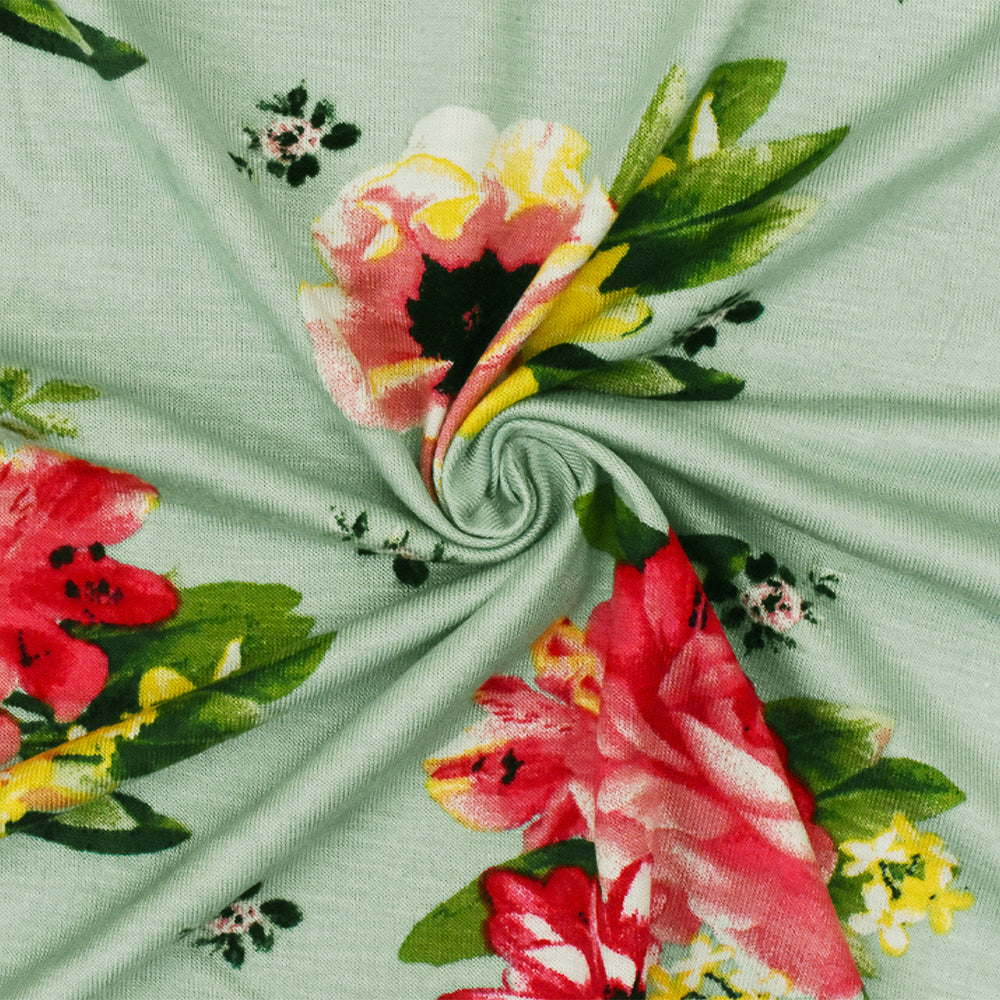 1 Yard Clean Teal-Red-Multi Floral Printed Stretch Rayon Jersey Knit Fabric 62 Inches Wide