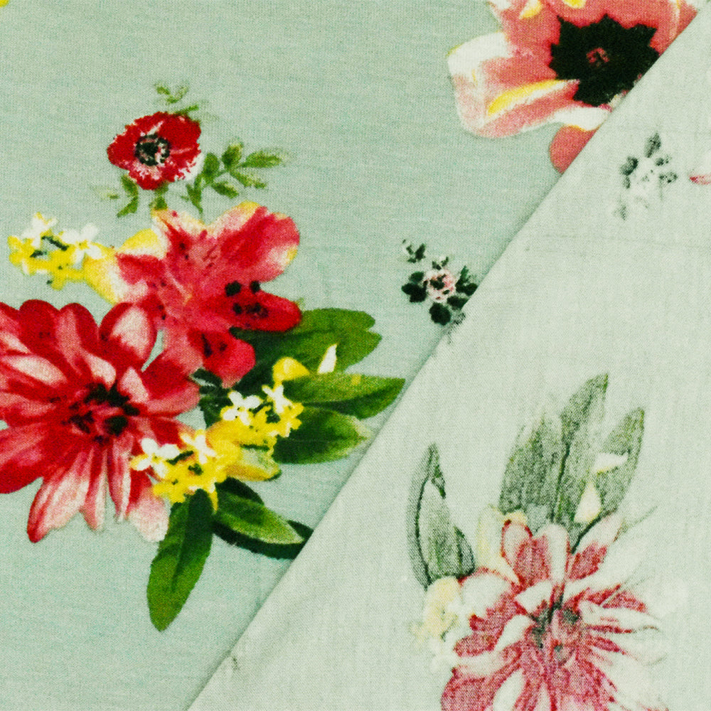 1 Yard Clean Teal-Red-Multi Floral Printed Stretch Rayon Jersey Knit Fabric 62 Inches Wide