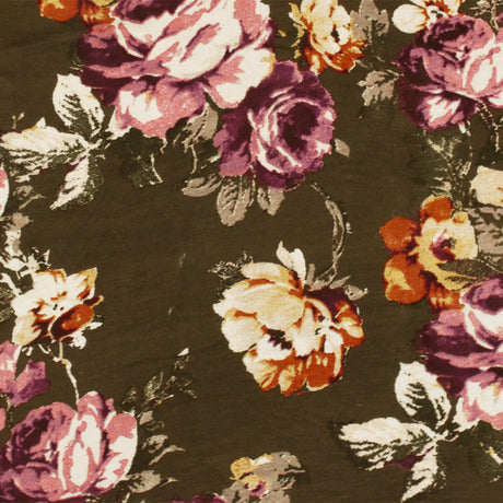1 Yard Oak Brown-Pink-Multi Floral Printed Stretch Rayon Jersey Knit Fabric 62 Inches Wide