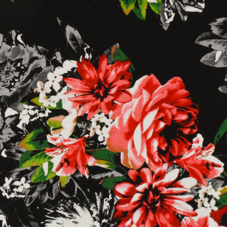 1 Yard Pure Red Black Multi Floral Printed Stretch Rayon Jersey Knit Fabric 60 Inches Wide