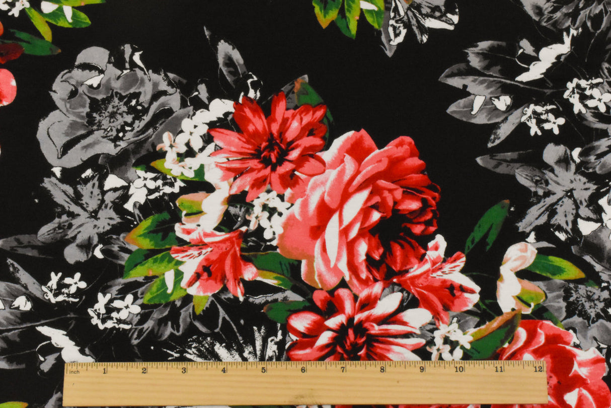 1 Yard Pure Red Black Multi Floral Printed Stretch Rayon Jersey Knit Fabric 60 Inches Wide