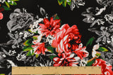 1 Yard Pure Red Black Multi Floral Printed Stretch Rayon Jersey Knit Fabric 60 Inches Wide