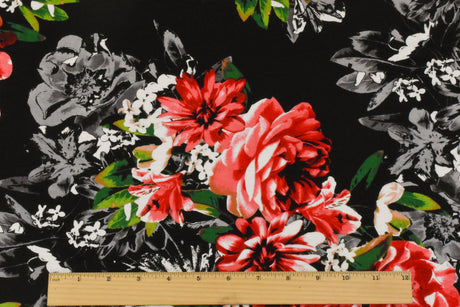 1 Yard Pure Red Black Multi Floral Printed Stretch Rayon Jersey Knit Fabric 60 Inches Wide