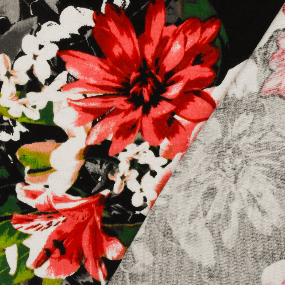 1 Yard Pure Red Black Multi Floral Printed Stretch Rayon Jersey Knit Fabric 60 Inches Wide
