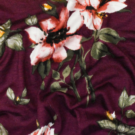 1 Yard Vintage Maroon Olive Multi Floral Printed Stretch Rayon Jersey Knit Fabric 52 Inches Wide