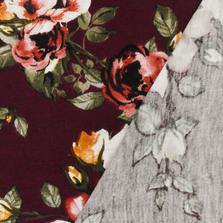 1 Yard Vintage Maroon Olive Multi Floral Printed Stretch Rayon Jersey Knit Fabric 52 Inches Wide