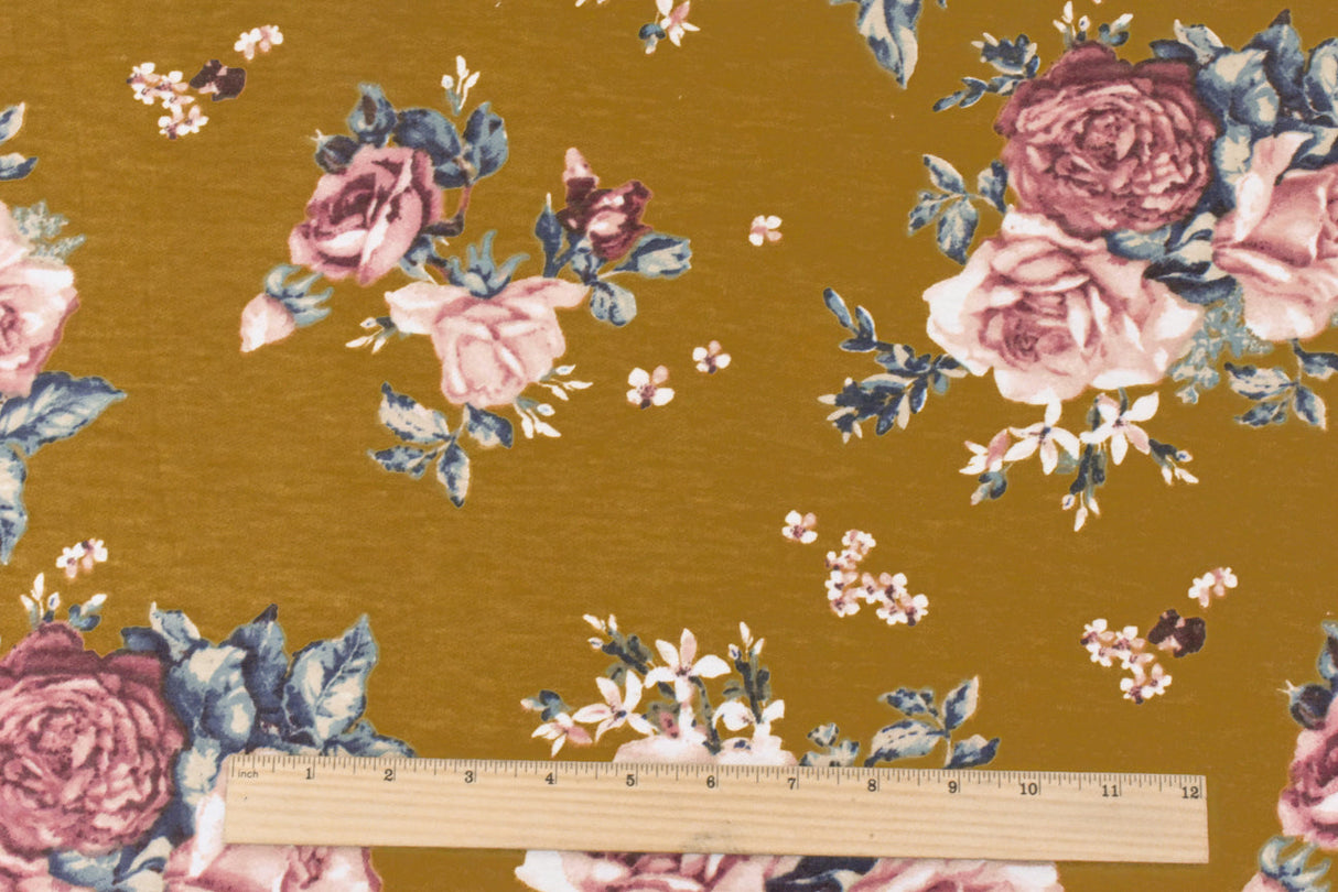 1 Yard Earth Yellow Pink Multi Floral Print Stretch French Baby Terry Knit Fabric 62 Inches Wide