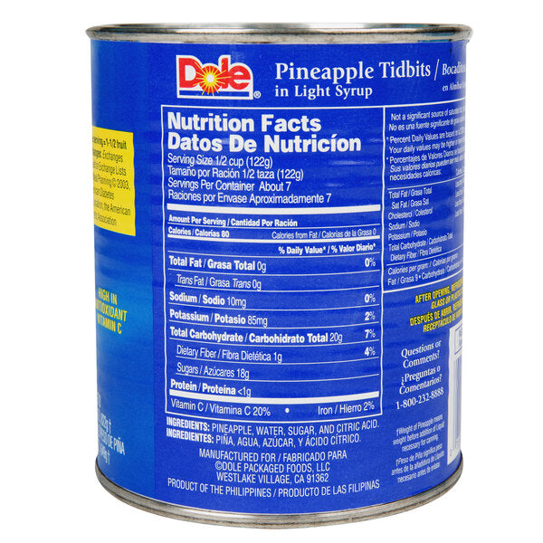 Dole 29 oz. Pineapple Tidbits in Light Syrup - 12/Case