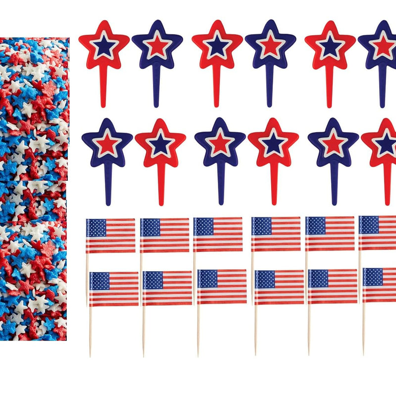 Oasis Supply, USA Cake Decorating - Includes 12, Red White & Blue Star Picks, 12 USA! Food Flag Picks, & 4oz Edible Red, White, & Blue Star Sprinkle Quins