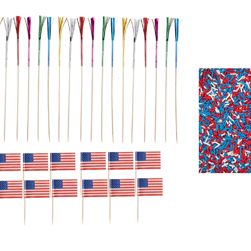 Oasis Supply, USA Cake Decorating Bundle - Includes 24 Firewwork Food Picks, 12 USA! Food Flag Picks, & 4oz Edible Red, White, & Blue Sprinkle